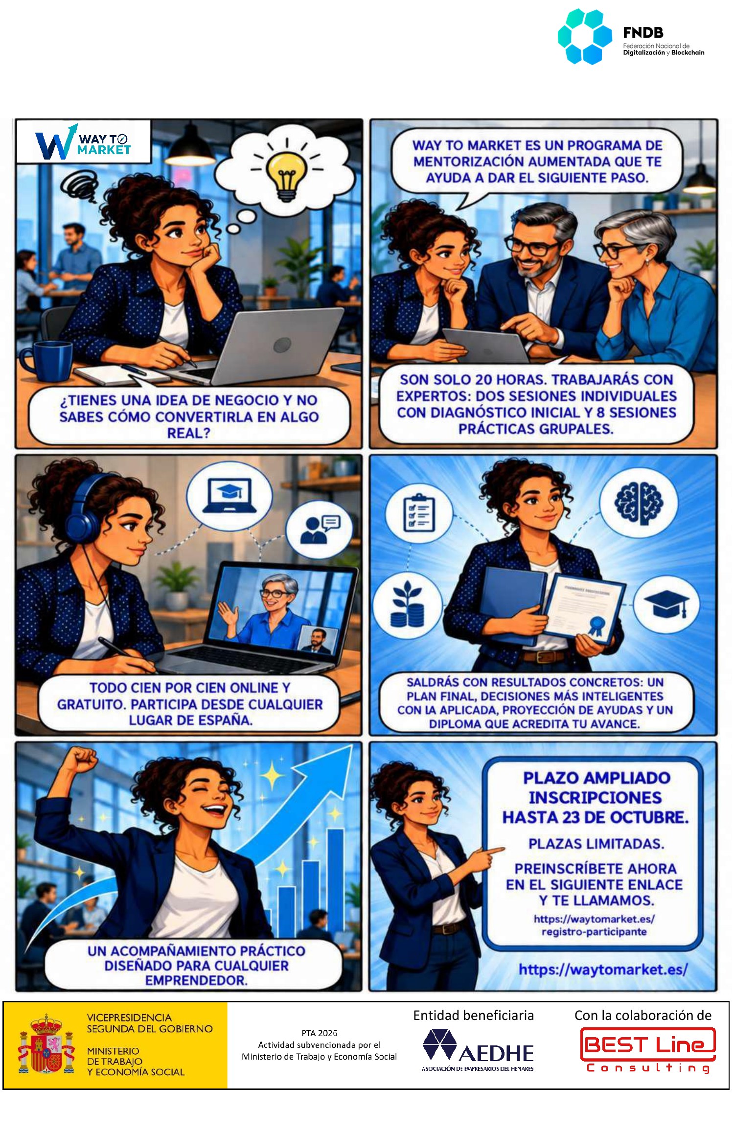 Cómic de Way to Market: seis viñetas que resumen el programa de mentorización, con el logo de la FNDB